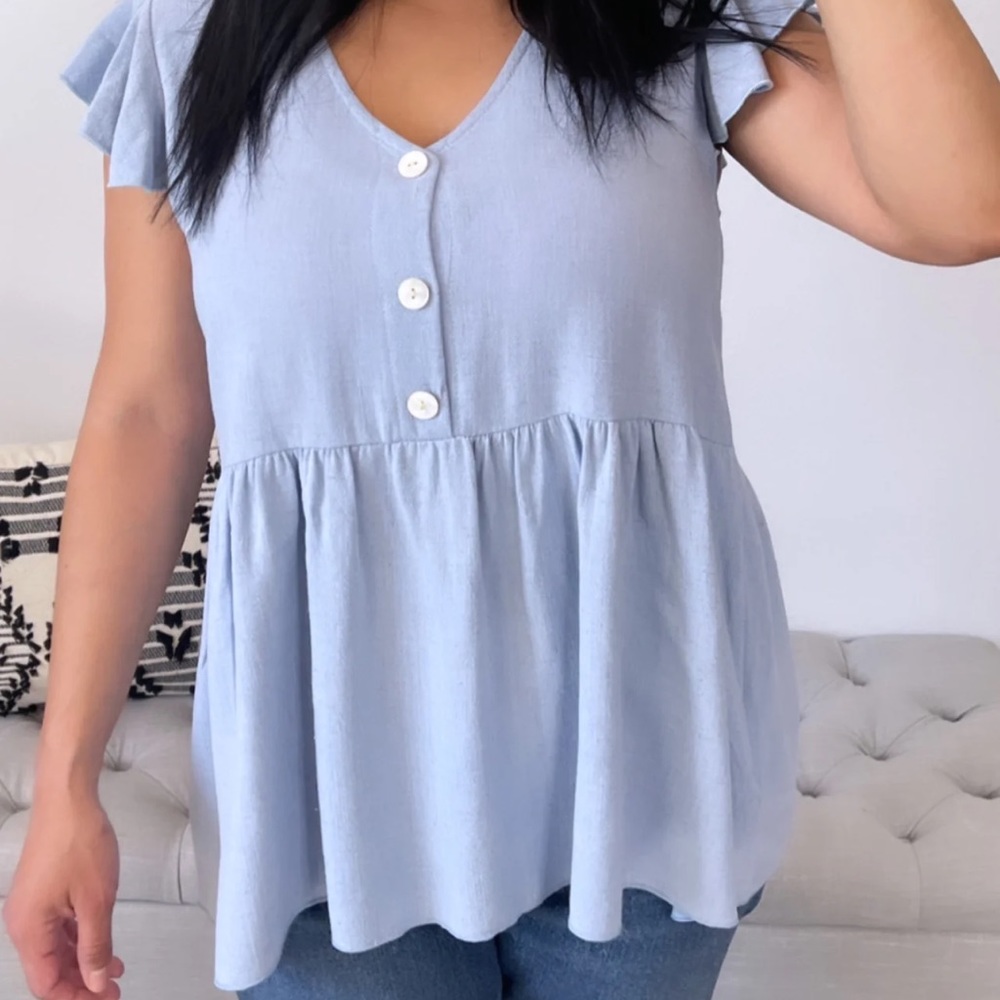 NWT Babydoll Linen Blue Top